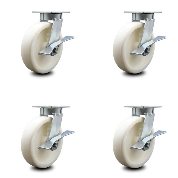 8 Inch Kingpinless Nylon Wheel Swivel Caster Set with Brakes
